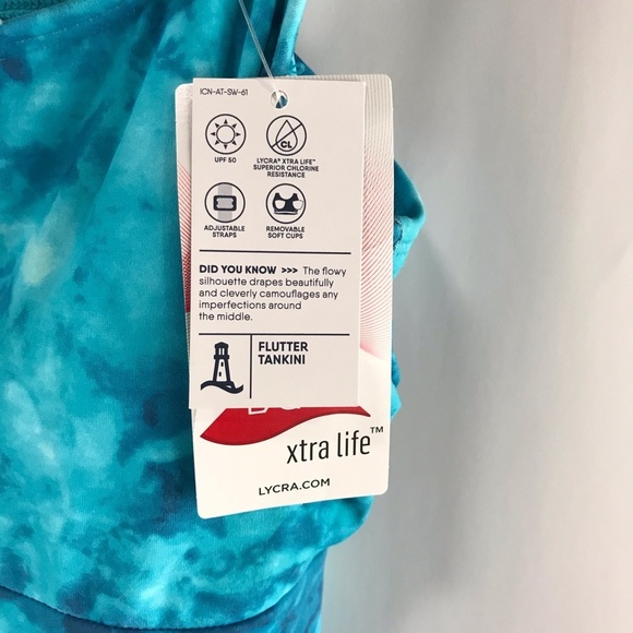 Lands’ End XS 2 4 Turquoise Baltic Teal Tie Dye Scoop Neck Flutter Tankini - Picture 3 of 3